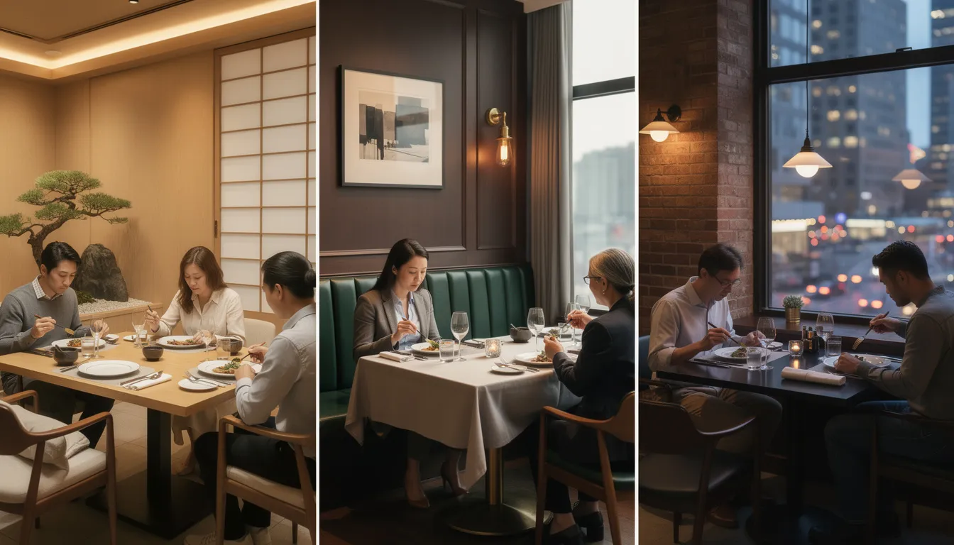 Trois salles de restaurant feutrées à Tokyo, Londres et New York, convives attablés en silence