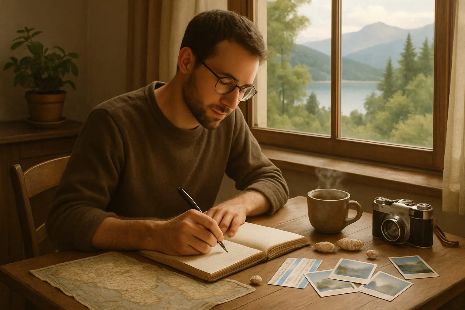 Homme écrivant son carnet de voyage près d'une fenêtre, carte, photos et appareil photo sur la table