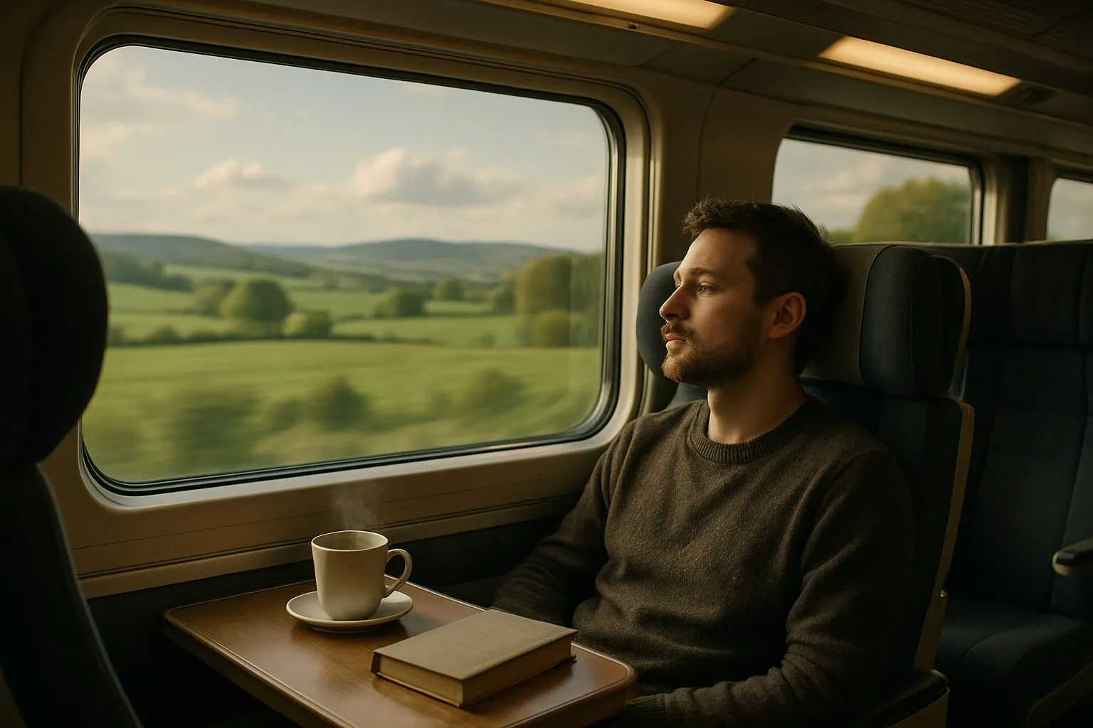 Voyageur rêvant à la fenêtre d'un train, tasse fumante et livre posés sur la tablette