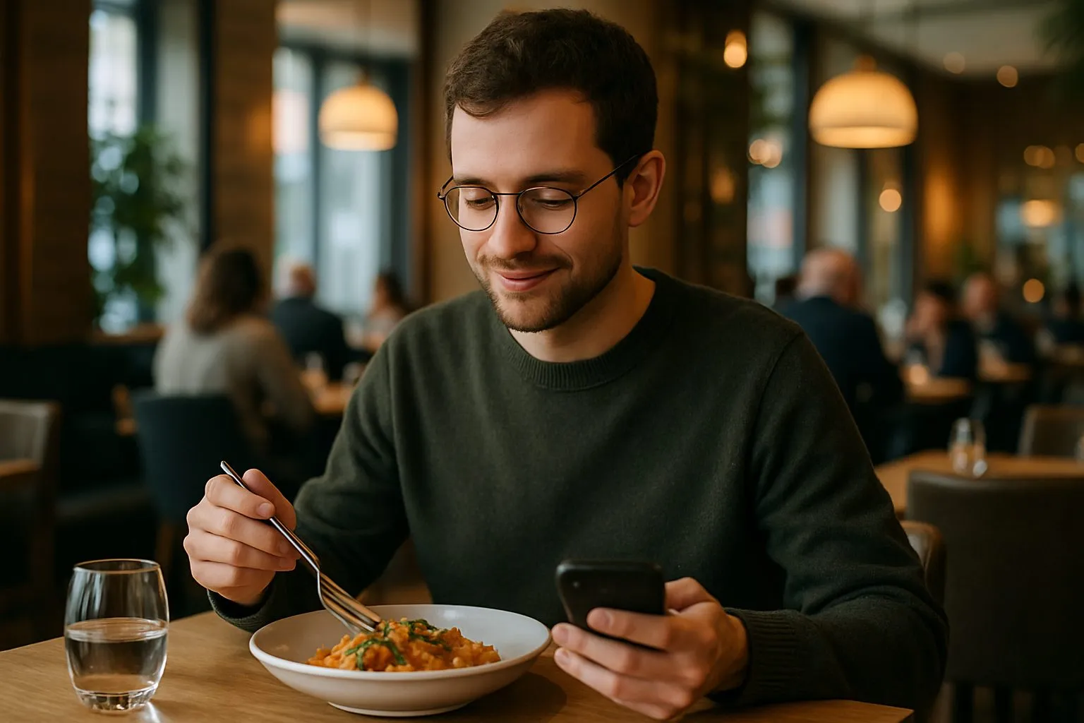 Homme attablé seul au restaurant, téléphone à la main devant son assiette