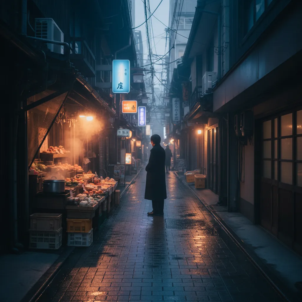 Homme immobile dans une ruelle d'Osaka au crépuscule, enseignes lumineuses et étals fumants