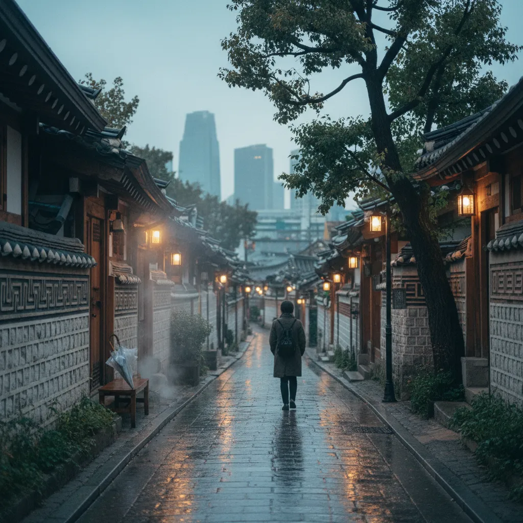 Promeneur sous la pluie dans une ruelle de hanoks à Séoul, gratte-ciel dans la brume