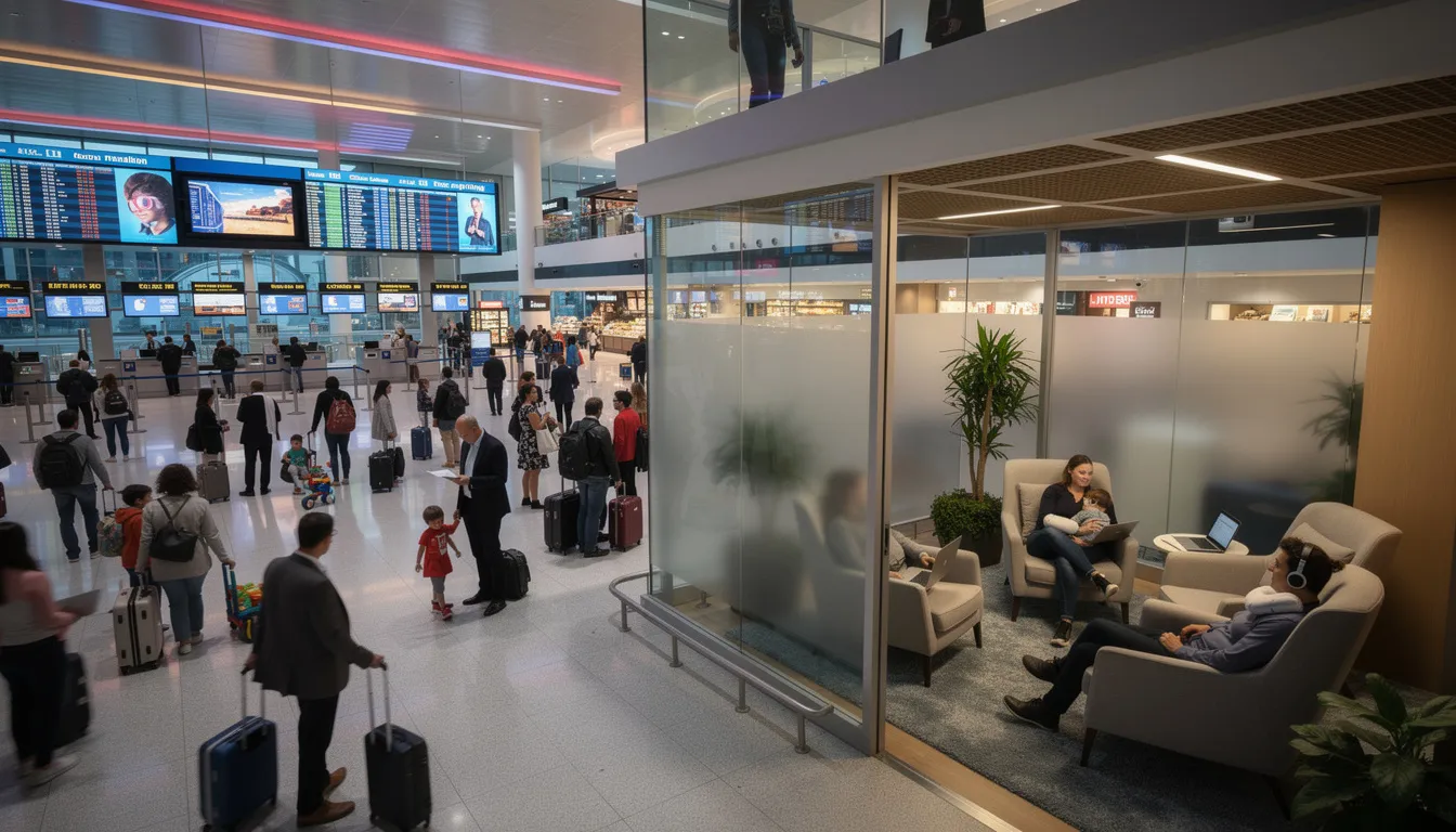 Salon calme vitré à l'écart du hall bondé d'un aéroport, voyageurs installés dans des fauteuils