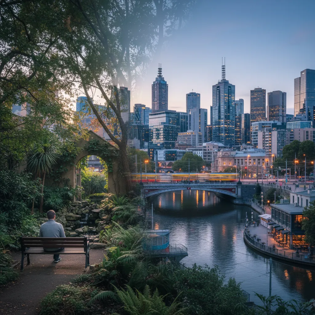 Homme sur un banc dans un jardin luxuriant face aux tours de Melbourne et à la rivière Yarra